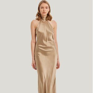 NWT. Bow-Tie Halterneck 100% Silk Maxi Dress. Silk Maison/ Gentle Herd